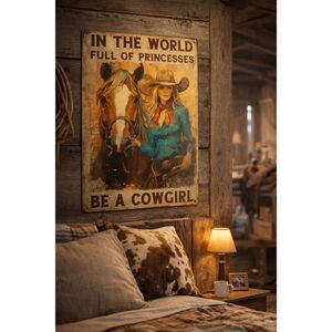 “In The World Full of Princesses Be a Cowgirl” Metal Sign 8x12 Western Decor
